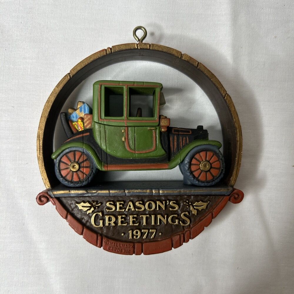 1977 Hallmark Christmas Ornament  Tree Trimmer Antique Car Seasons Greetings